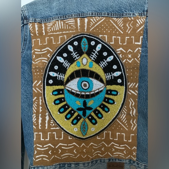 Lucky Brand Tomboy Trucker Denim Jacket Boho Mud Cloth Evil Eye M - Picture 3 of 16